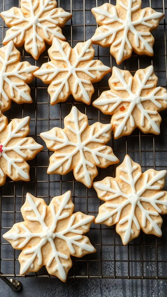 Decorated snowflake sugar cookies on a cooling rack