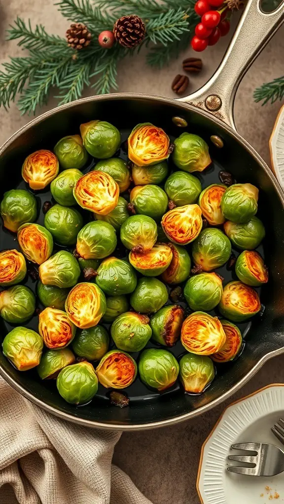 A pan of roasted Brussels sprouts glazed with maple syrup, surrounded by holiday decorations.