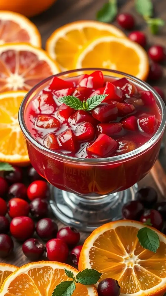 A bowl of cranberry orange relish surrounded by fresh cranberries and orange slices.