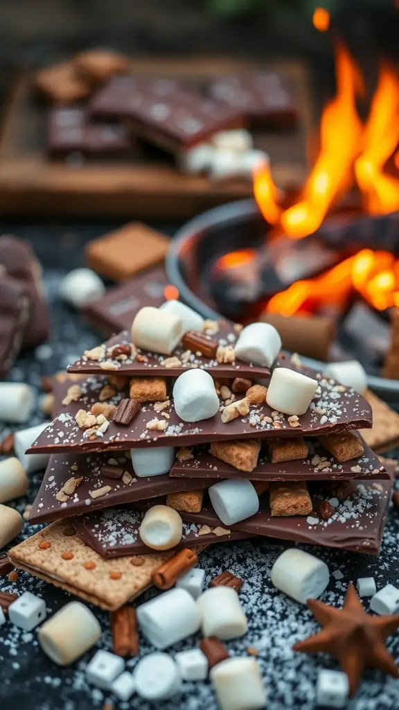 A stack of S'mores chocolate bark with graham crackers, marshmallows, and chocolate pieces, with a fire in the background.
