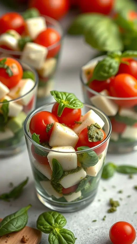 Caprese salad cups with cherry tomatoes, mozzarella, and basil topped with pesto drizzle