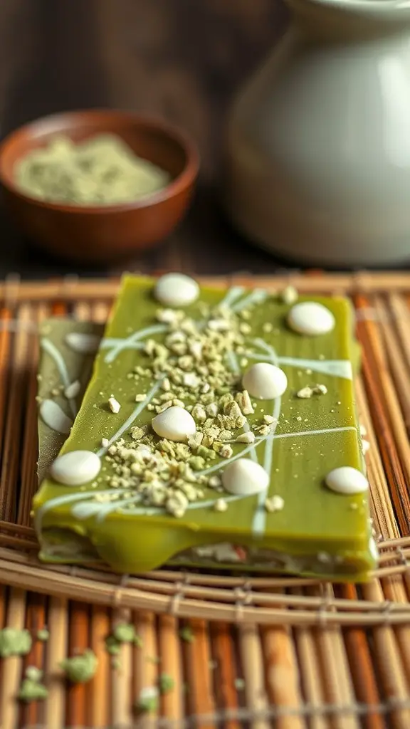 Matcha green tea bark with white chocolate and toppings