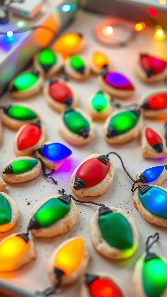 Colorful Christmas lights cookies decorated with icing