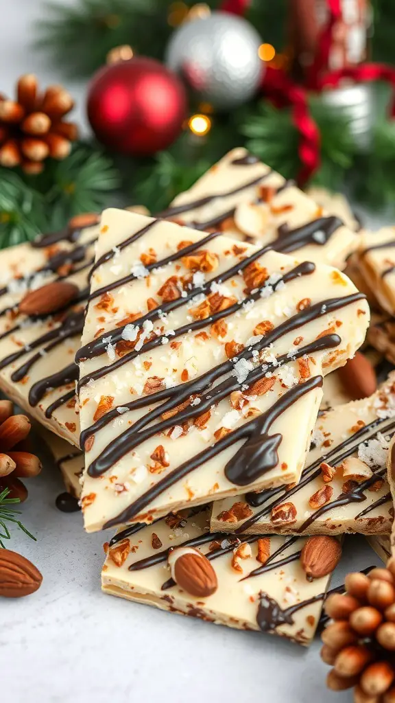 Nutty almond bark with sea salt, decorated with chocolate drizzle and almonds, surrounded by holiday decorations.