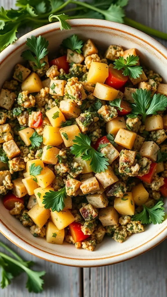 A bowl of savory herb stuffing with bread cubes, vegetables, and herbs.