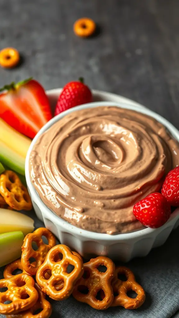 A bowl of peanut butter chocolate dip surrounded by fresh fruits and pretzels.