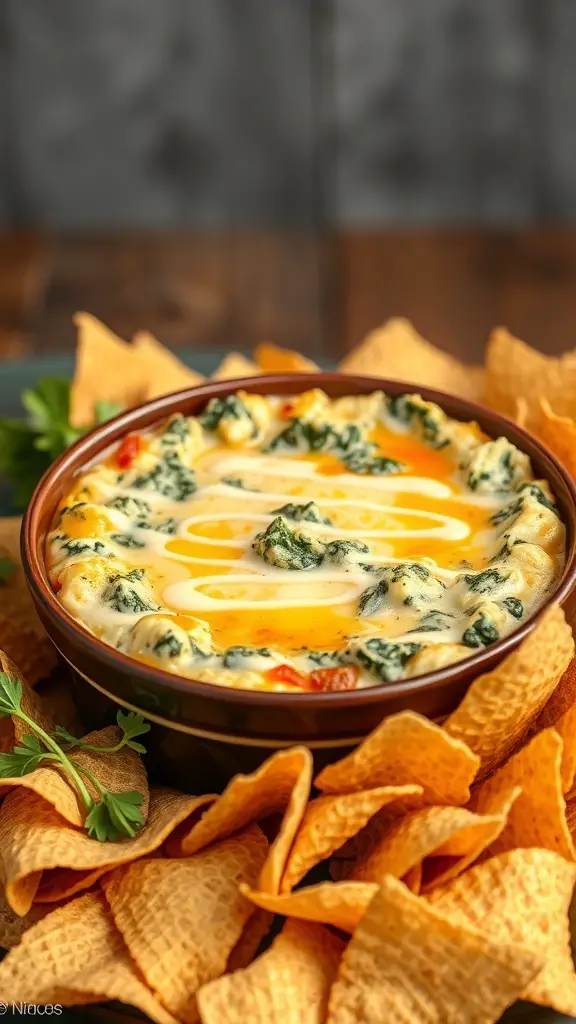 A bowl of vegan spinach and artichoke dip surrounded by crispy chips.