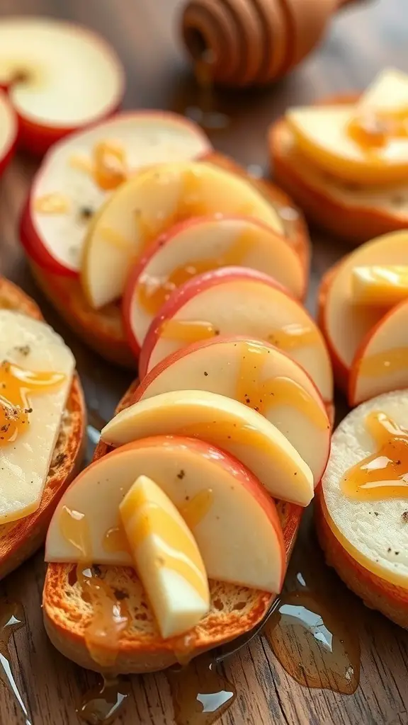 Apple and cheddar crostini topped with honey and black pepper