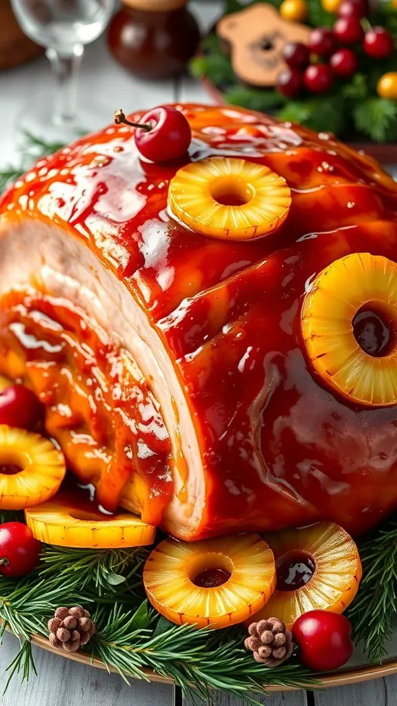 A beautifully glazed honey ham with pineapple rings and cherries, surrounded by festive decorations.