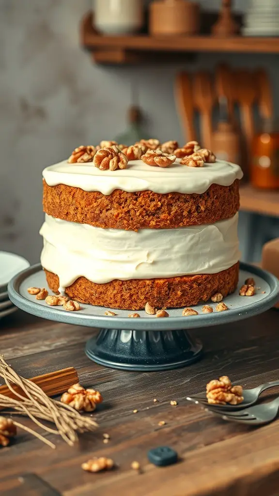 A layered carrot cake with cream cheese frosting and walnuts on top, displayed on a cake stand.