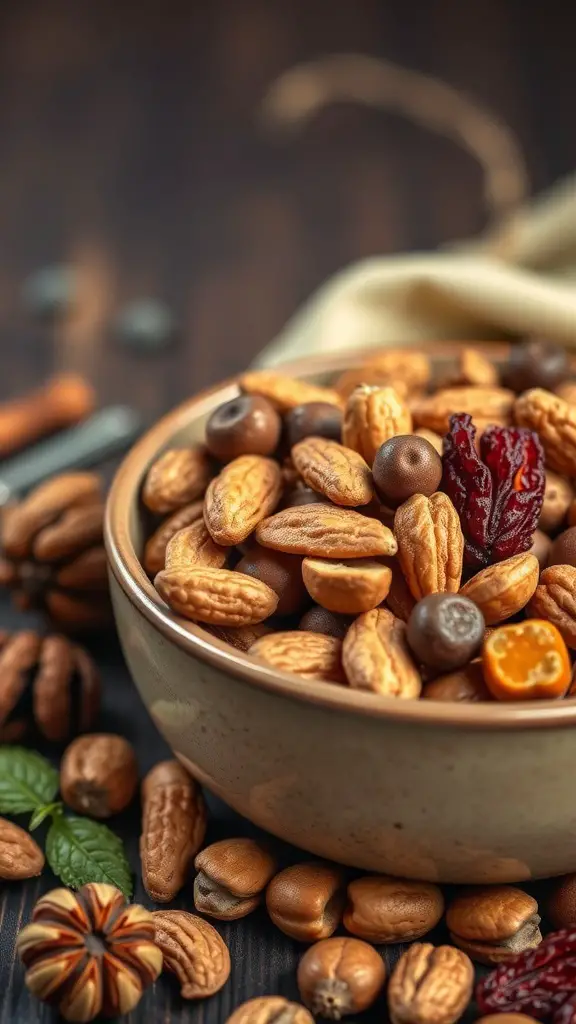A bowl of spiced nuts and dried fruit mix, featuring various nuts and dried fruits arranged attractively.