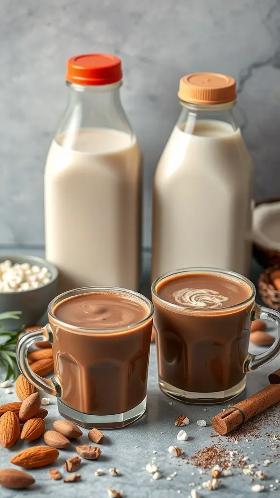 Two mugs of hot chocolate with almond nuts and milk bottles in the background