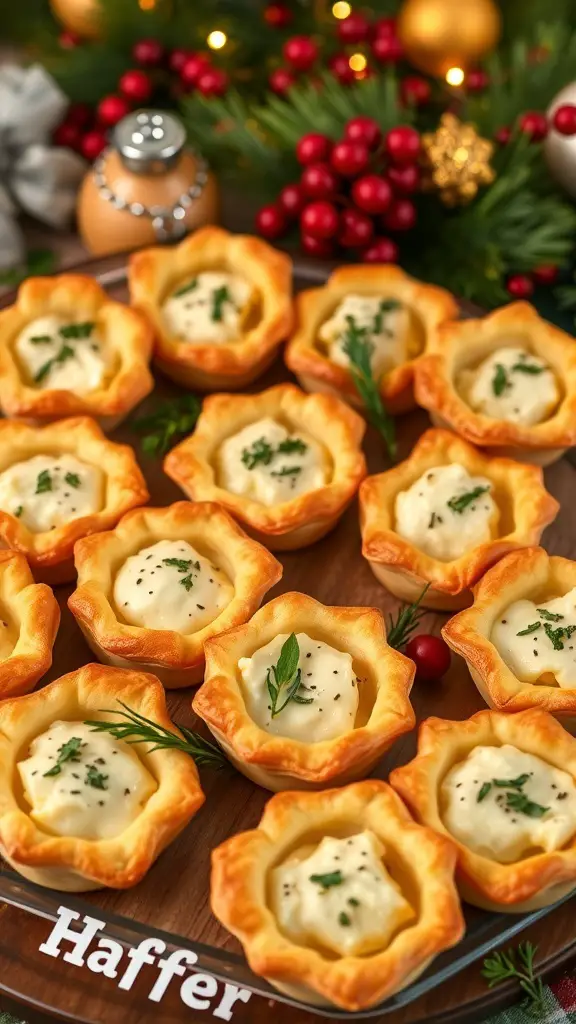 A platter of savory cheese and herb puff pastry bites, garnished with herbs, set against a festive background.
