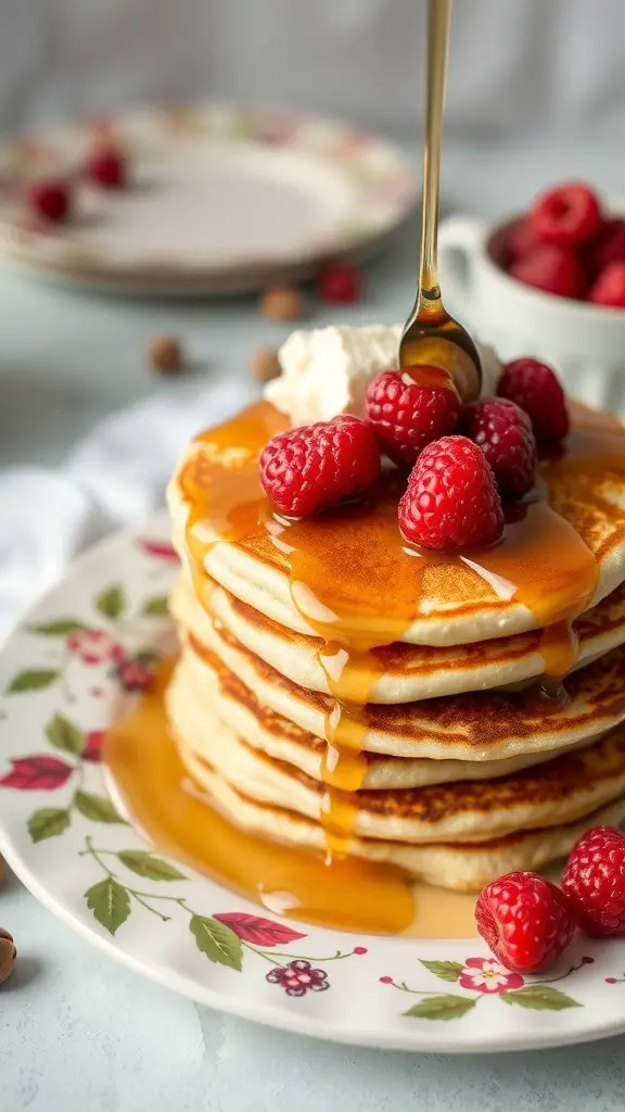 A stack of fluffy pancakes topped with raspberries and maple syrup on a floral plate.
