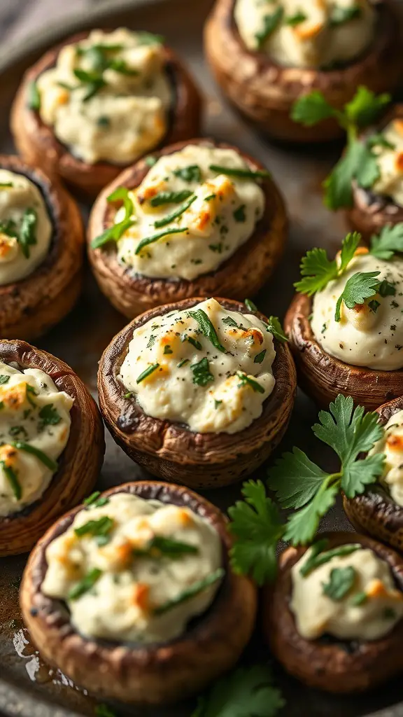 Stuffed mushroom caps filled with cream cheese and garnished with herbs
