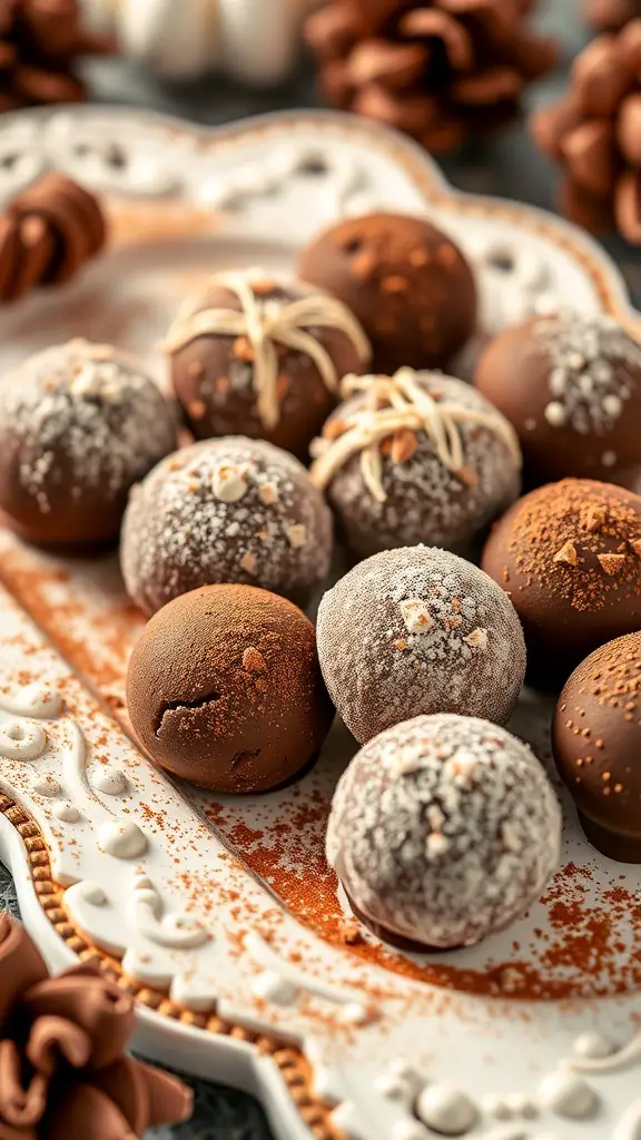 A plate of assorted chocolate truffles, some dusted with cocoa powder and others with powdered sugar, surrounded by decorative elements.