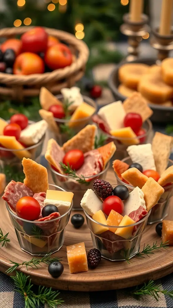 Mini Thanksgiving charcuterie cups with cheese, meats, and vegetables on a wooden platter.