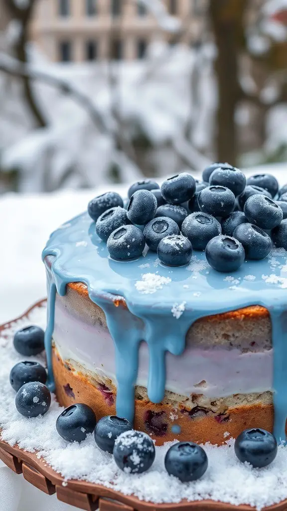 A beautiful blueberry winter wonderland cake with a blue glaze and fresh blueberries on top, set against a snowy background.