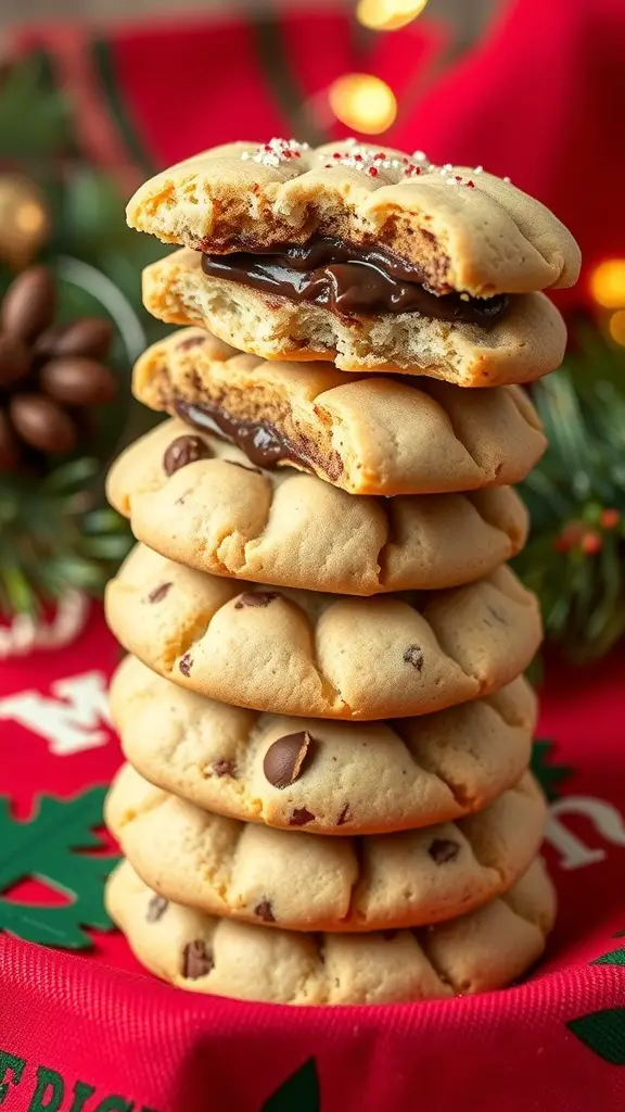 A stack of Baci di Dama cookies with a chocolate filling, decorated with festive sprinkles.