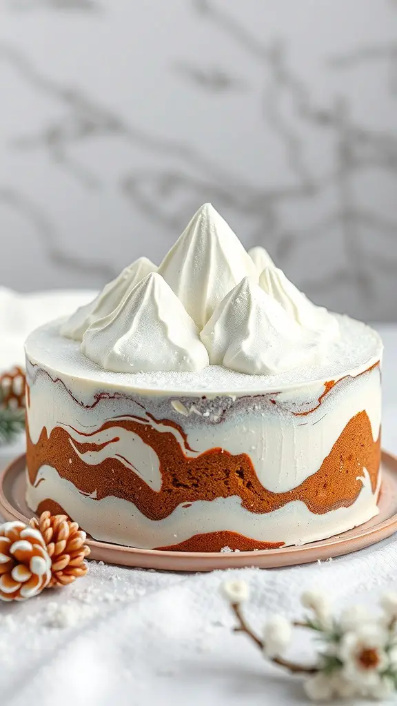A beautifully decorated marble cake with frosted peaks resembling snow-capped mountains, set on a light background.