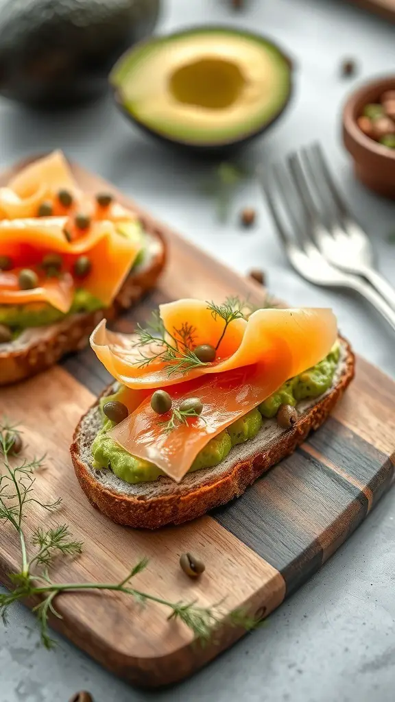 A close-up of smoked salmon and avocado toast on a wooden board, garnished with capers and herbs.