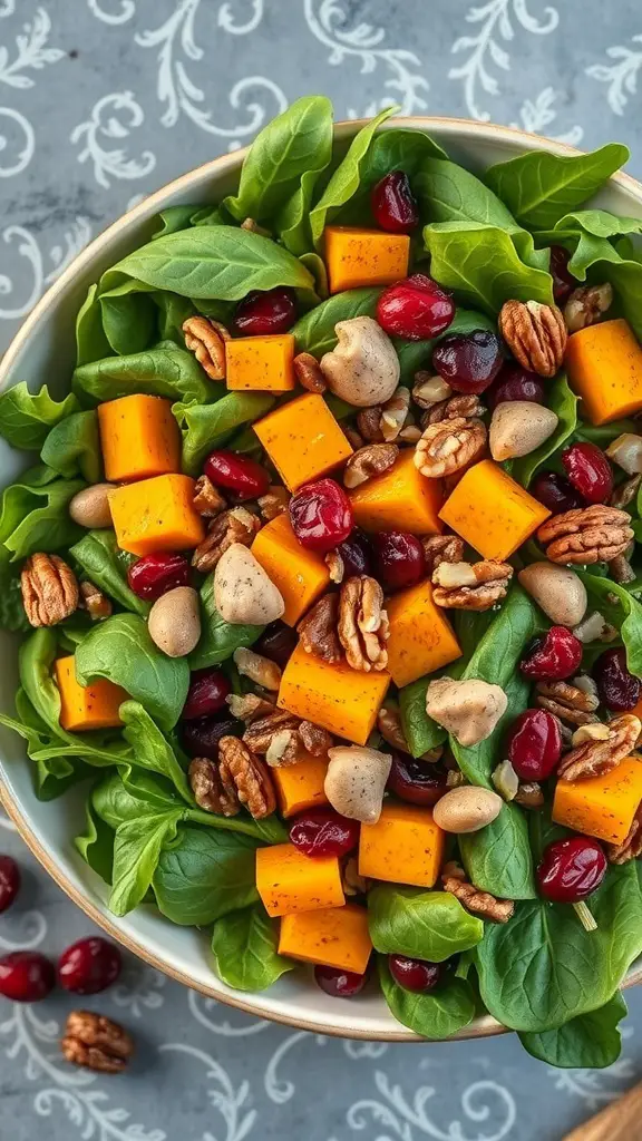 A colorful salad featuring roasted butternut squash, spinach, nuts, and cranberries.