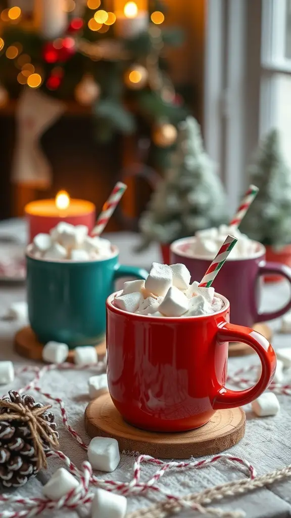 Colorful mugs filled with marshmallows, surrounded by holiday decorations.