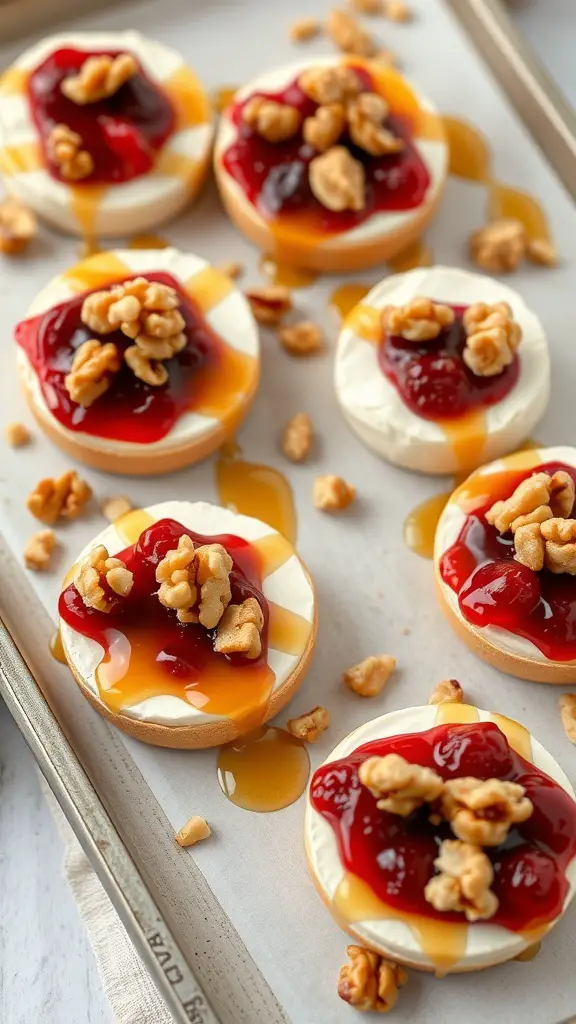 A tray of cranberry brie bites topped with cranberry sauce and walnuts