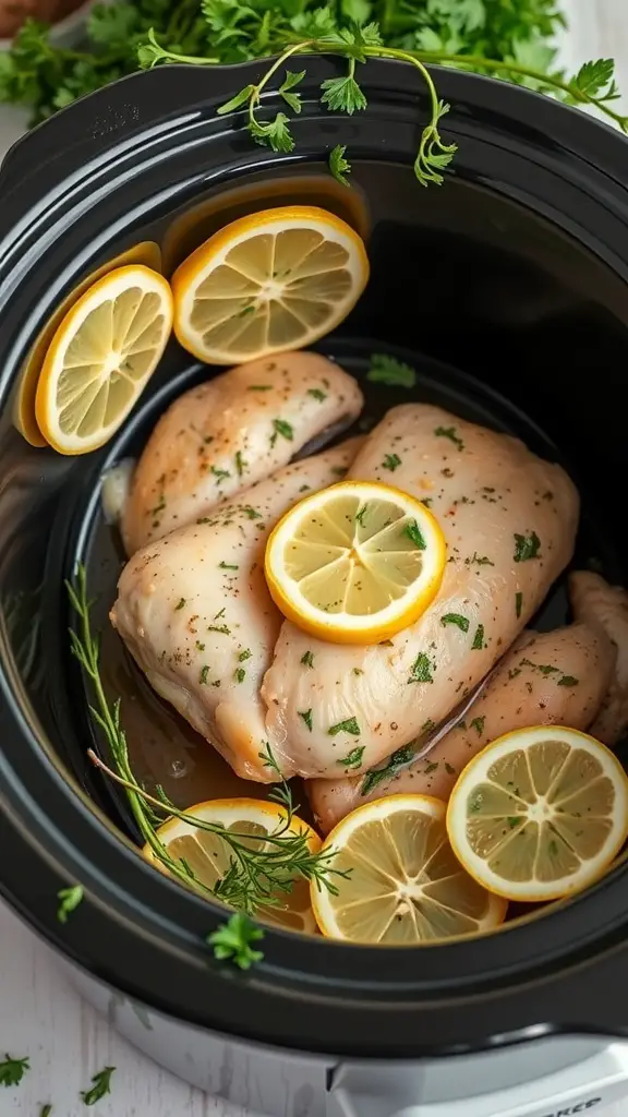 Crockpot with chicken breasts, lemon slices, and herbs