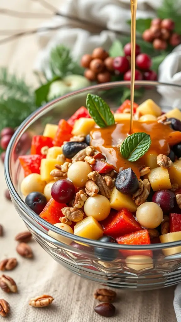 A bowl of colorful fruit salad with nuts and a drizzle of dressing, surrounded by festive decorations.