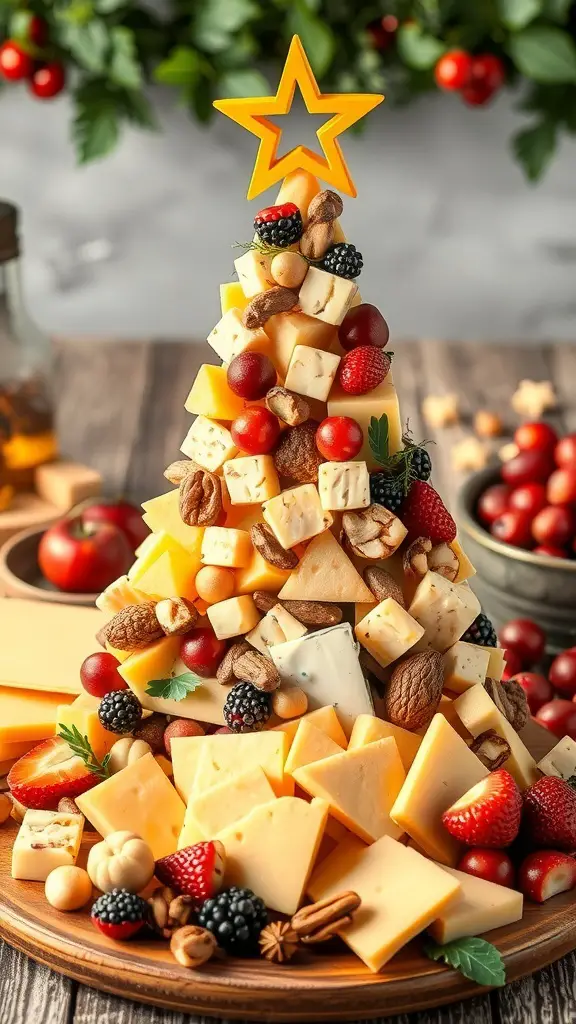 A festive cheese board shaped like a Christmas tree, decorated with fruits, nuts, and a star on top.