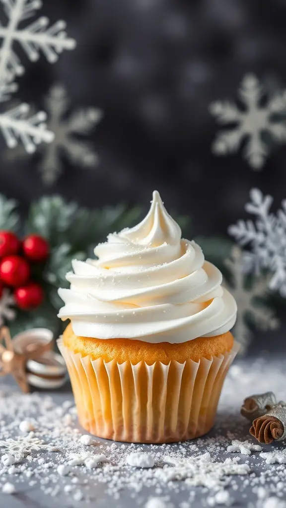 A beautifully decorated vanilla cupcake with white frosting, surrounded by winter-themed decorations.