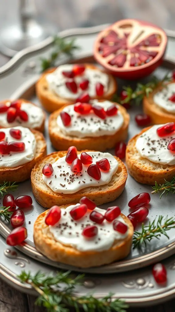 A platter of pomegranate and goat cheese crostini, garnished with fresh pomegranate seeds and herbs.