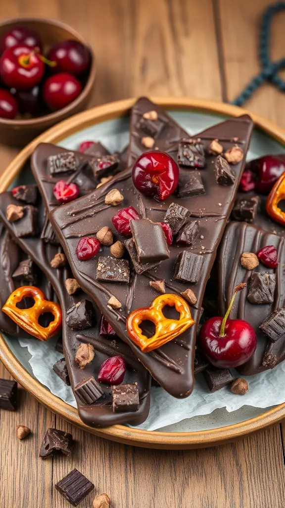 Dark Chocolate Cherry Pretzel Bark with cherries and pretzel pieces on a plate