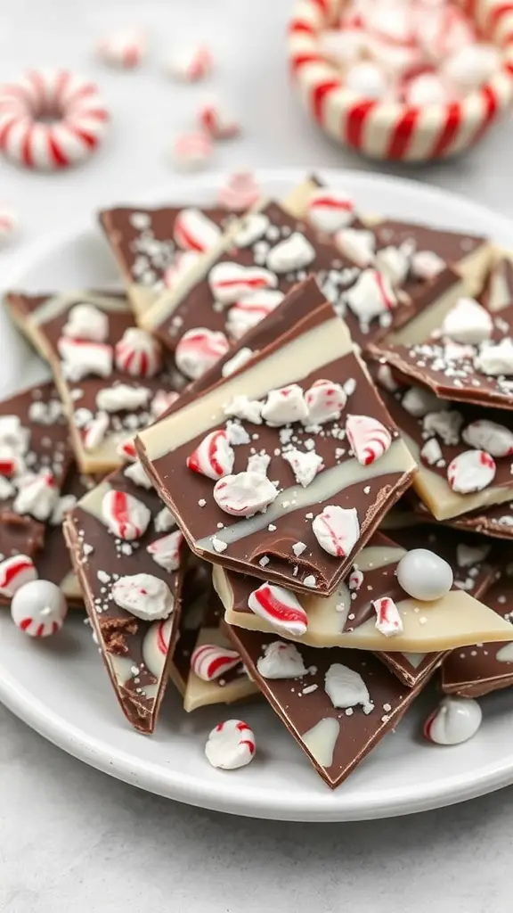 A plate of peppermint bark topped with crushed candy canes, with a bowl of peppermint candies in the background.