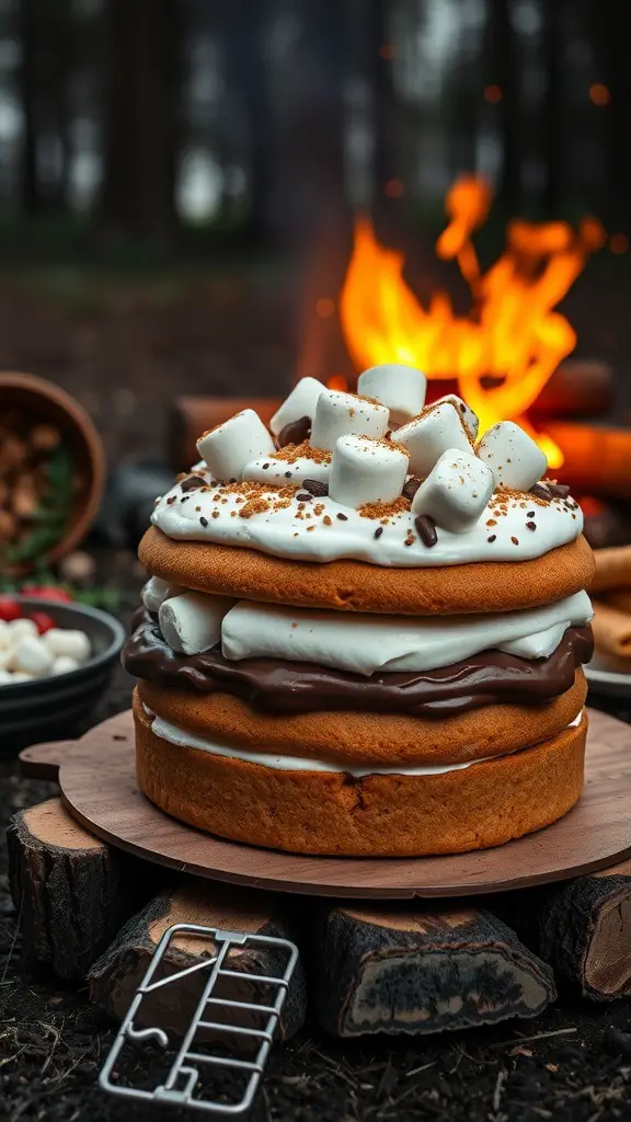 A delicious s'mores cake with layers of chocolate and marshmallow, set against a campfire backdrop.