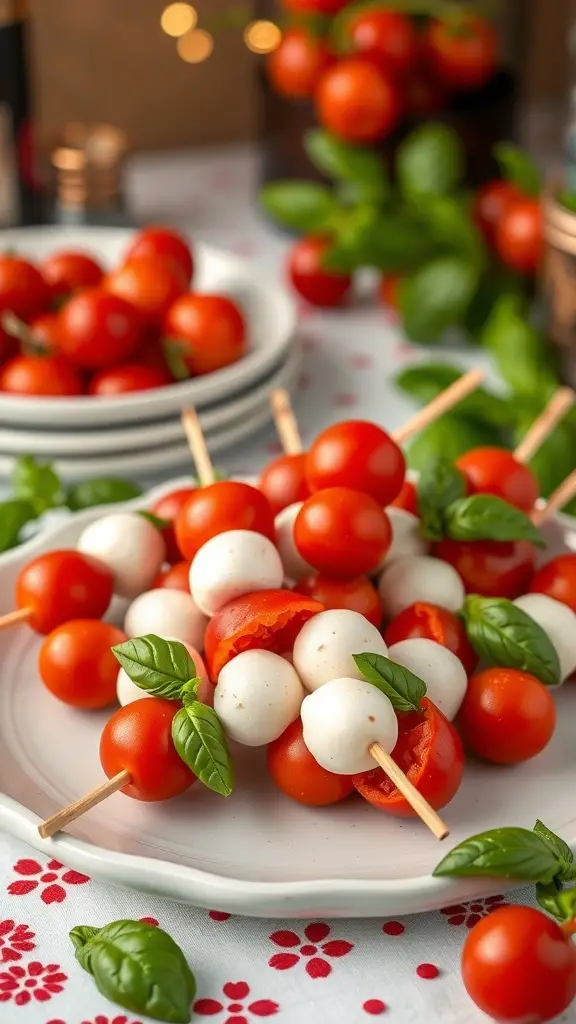 Mini Caprese skewers with cherry tomatoes, mozzarella balls, and basil on a plate.