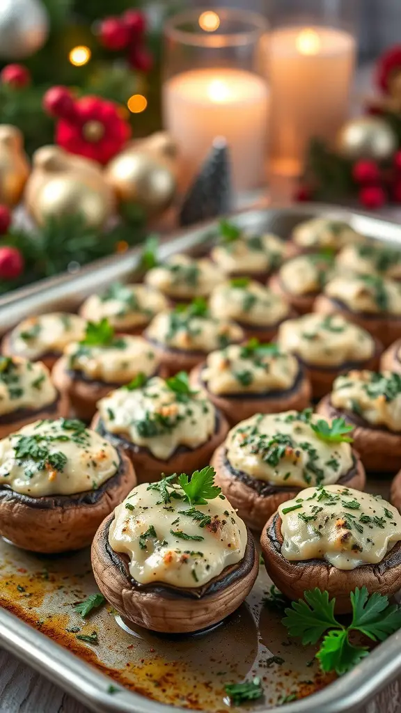 A tray of savory stuffed mushrooms topped with creamy filling and herbs, set against a festive background.