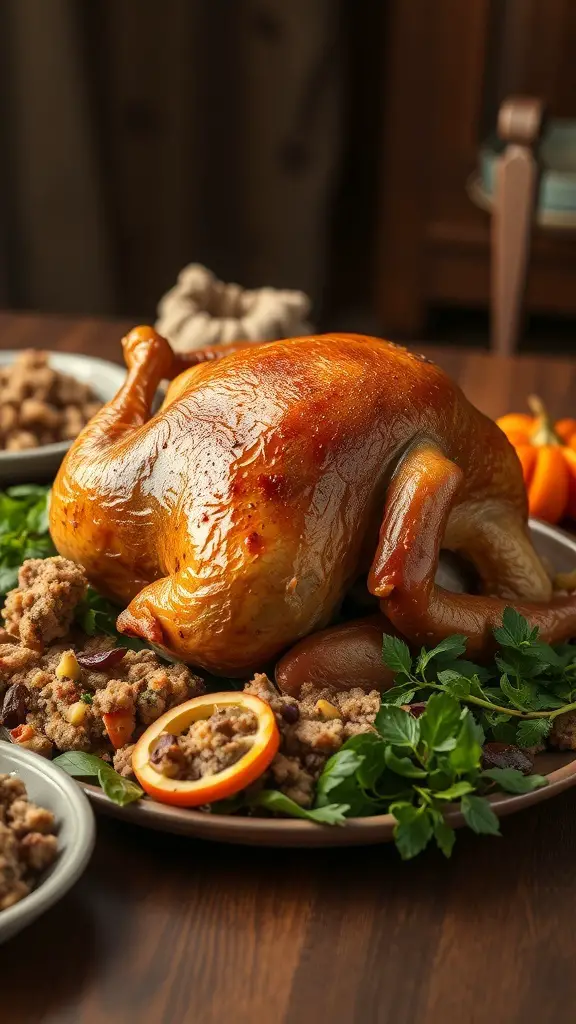 A beautifully roasted turkey with traditional stuffing on a festive table.