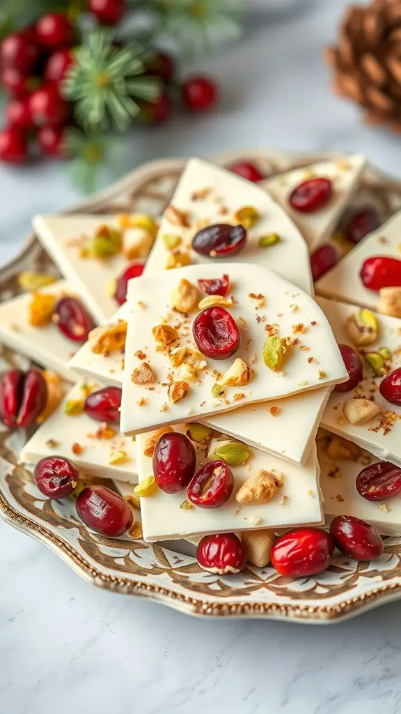 A plate of White Chocolate Cranberry Pistachio Bark, featuring pieces topped with cranberries and pistachios.