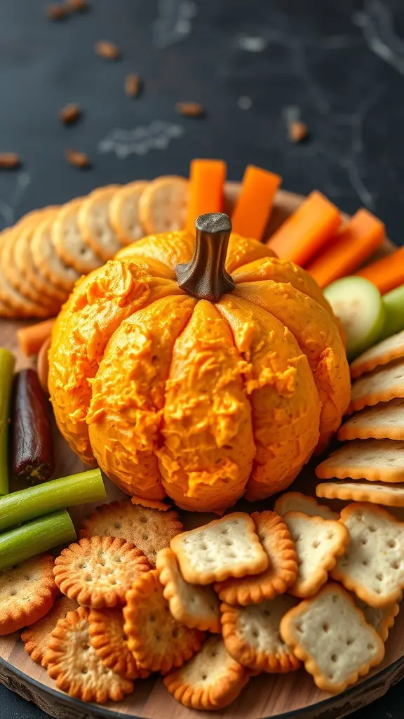 Pumpkin-shaped cheese spread surrounded by crackers and vegetables