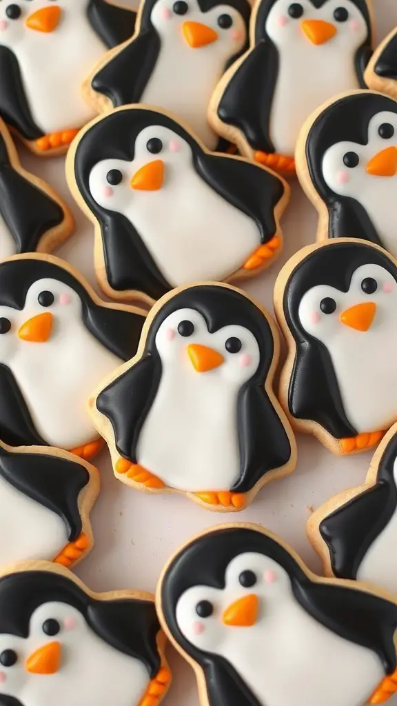 A collection of cute penguin sugar cookies decorated with black and white icing and orange beaks.