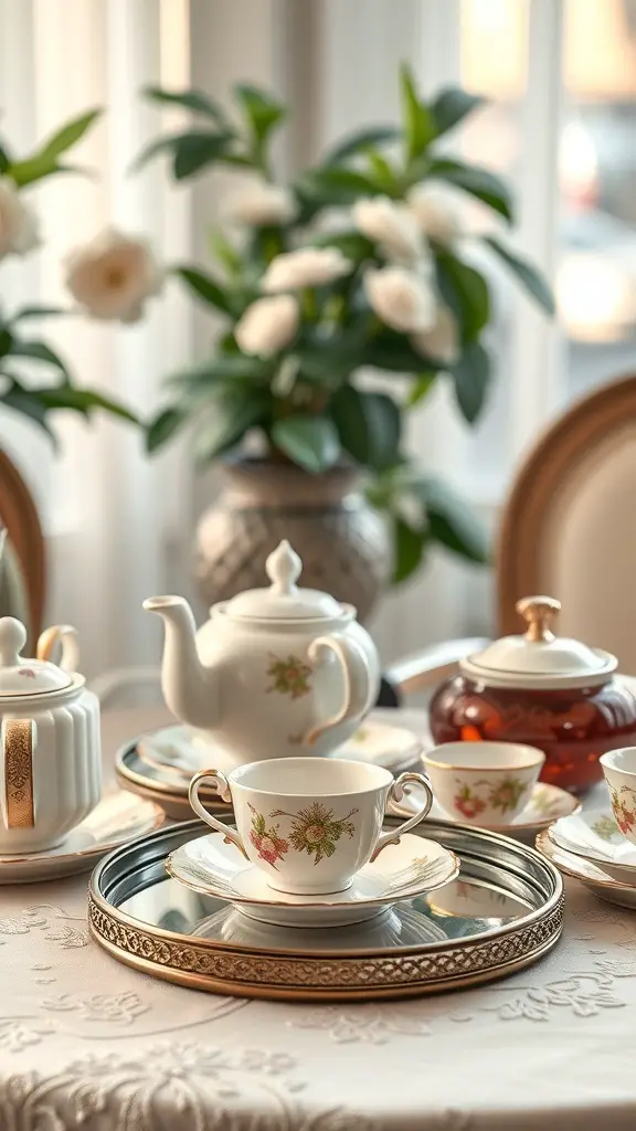 A beautifully arranged tea service with fine china, a teapot, and fresh flowers.