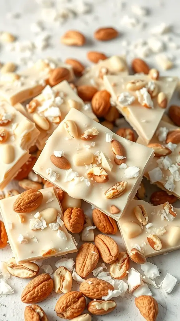 Coconut Macadamia Nut Bark with nuts and coconut flakes