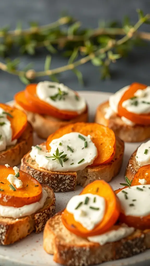 Sweet potato crostini topped with goat cheese and herbs on a plate.