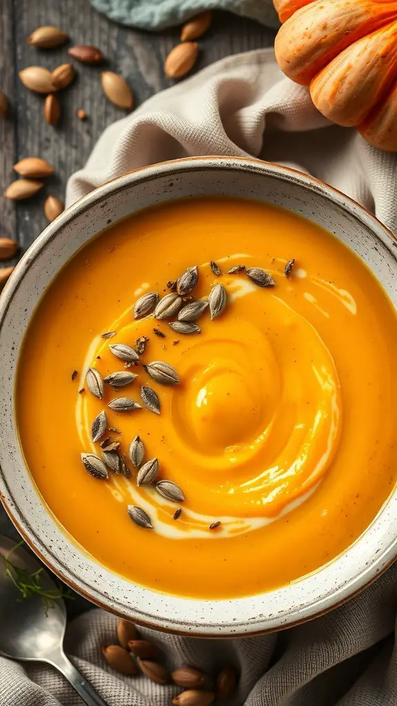 A bowl of creamy butternut squash soup garnished with seeds, surrounded by squash and nuts.