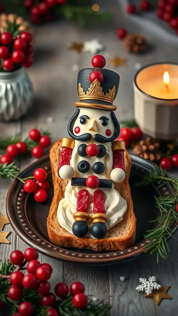 A festive Nutcracker Toast with cream cheese, decorated with colorful toppings, surrounded by holiday decorations.