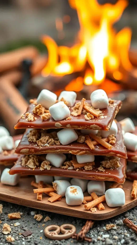 A stack of S'mores Pretzel Bark with marshmallows and graham crackers, set against a warm fire.