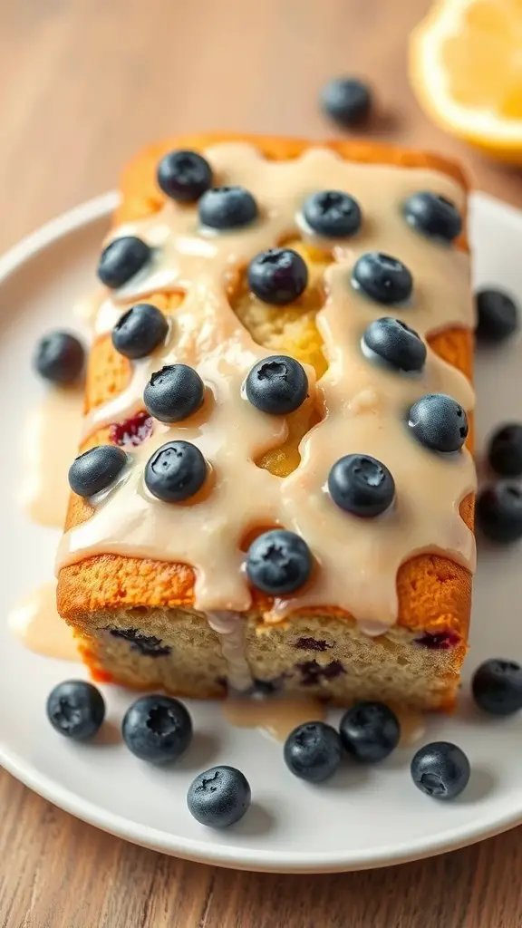 A loaf of lemon blueberry bread topped with blueberries and a creamy glaze.