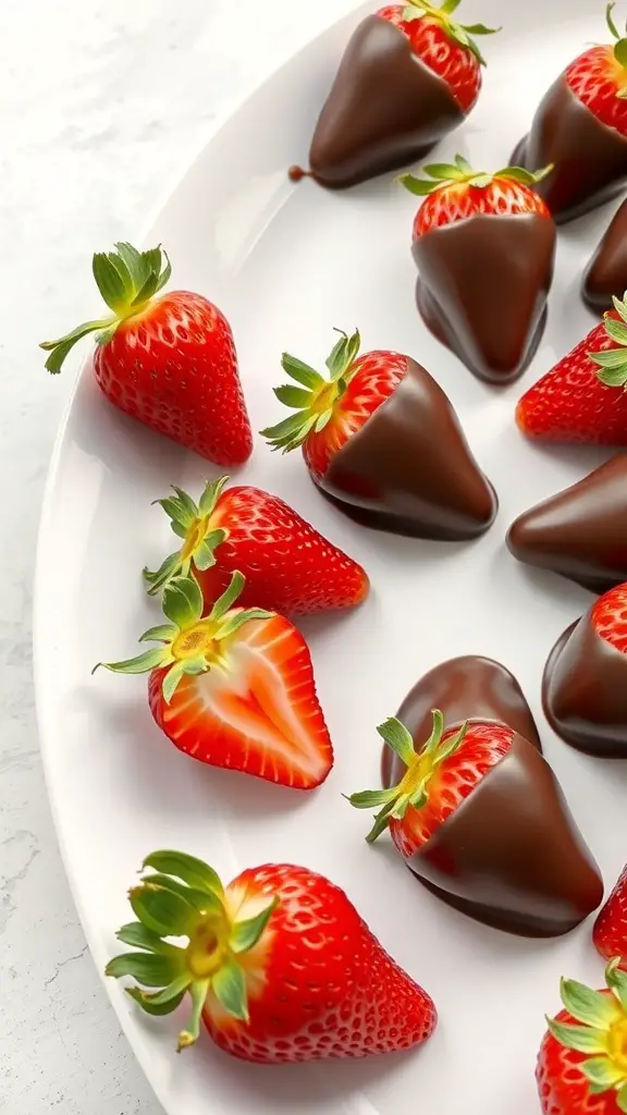 A plate of chocolate-dipped strawberries, some whole and some cut in half, showcasing the rich dark chocolate coating.